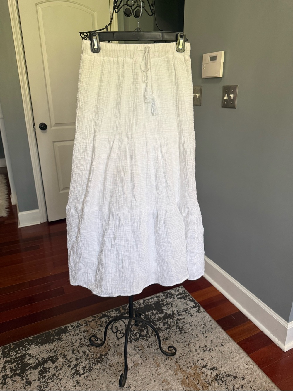 Women's White Tiered Circle Skirt with Drawstring Waist